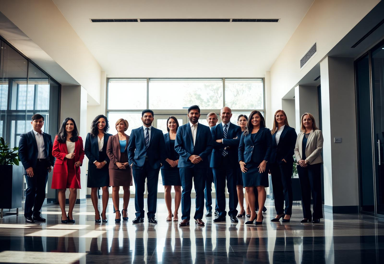 Professionals gathered in a bright modern office lobby
